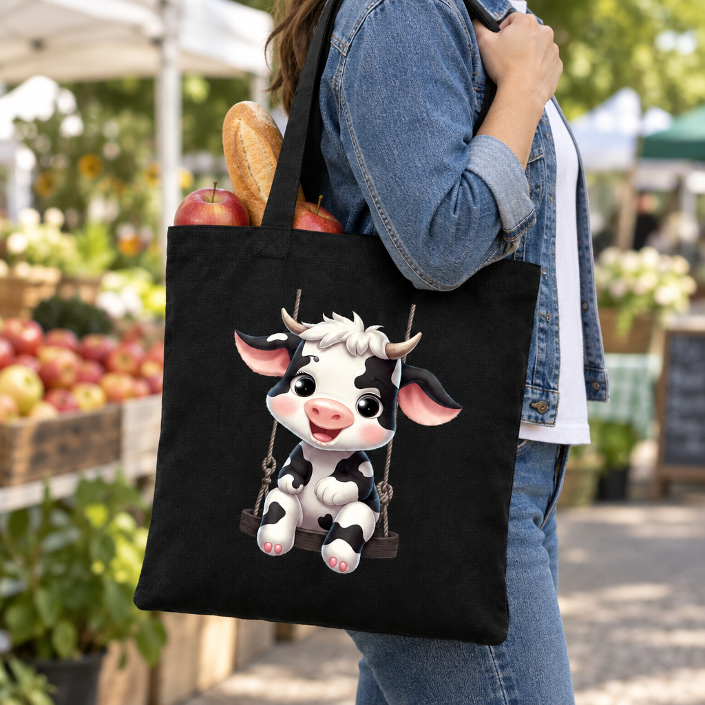 Adult carrying the black cow canvas tote bag at a farmers market