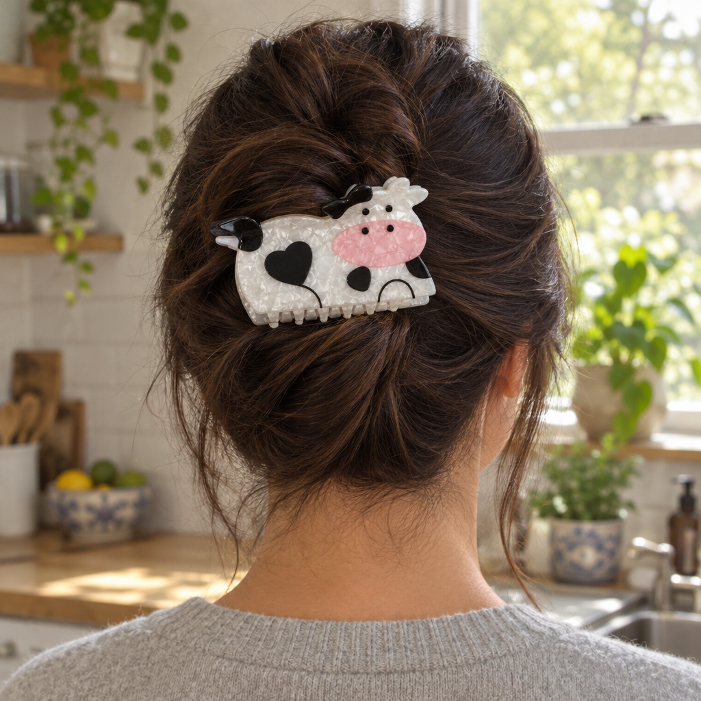 Cow claw clip holding a twisted updo in dark brown hair
