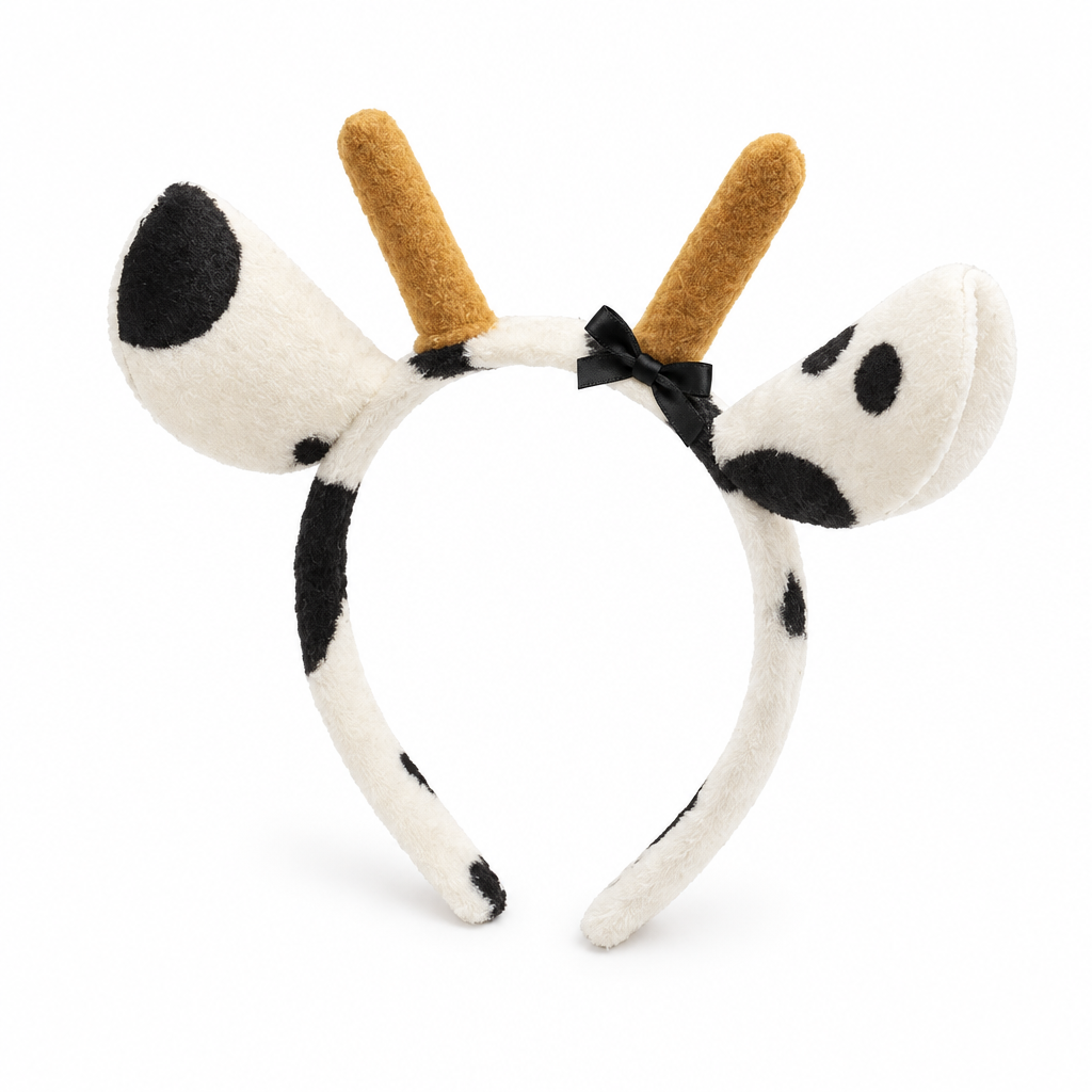 Spotted plush cow ears headband with tan horns on a white background