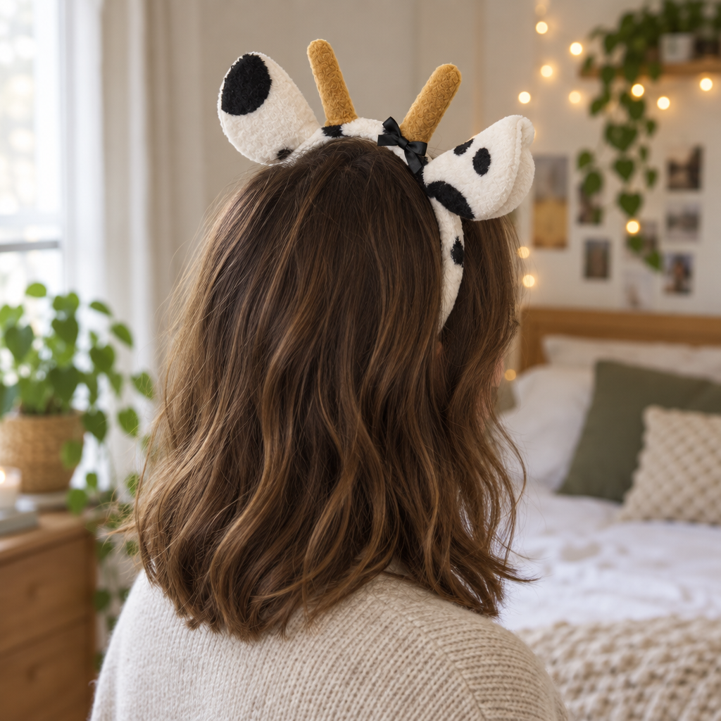 Adult wearing the plush cow ears headband, seen from behind in a cozy bedroom