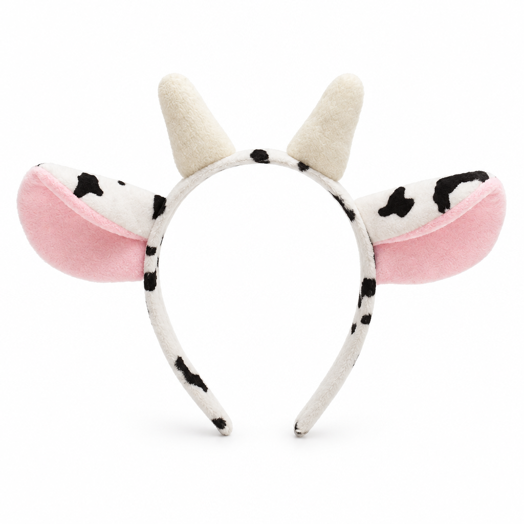 Cow headband with pink-lined spotted ears and small horns on a white background