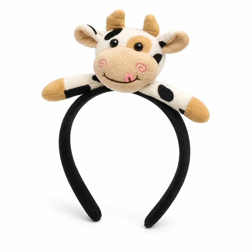 Black headband with a small smiling plush cow on top, on a white background