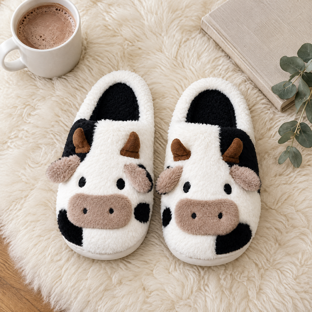 Black and White Cow Face House Slippers flat lay with a mug of cocoa, a book and greenery