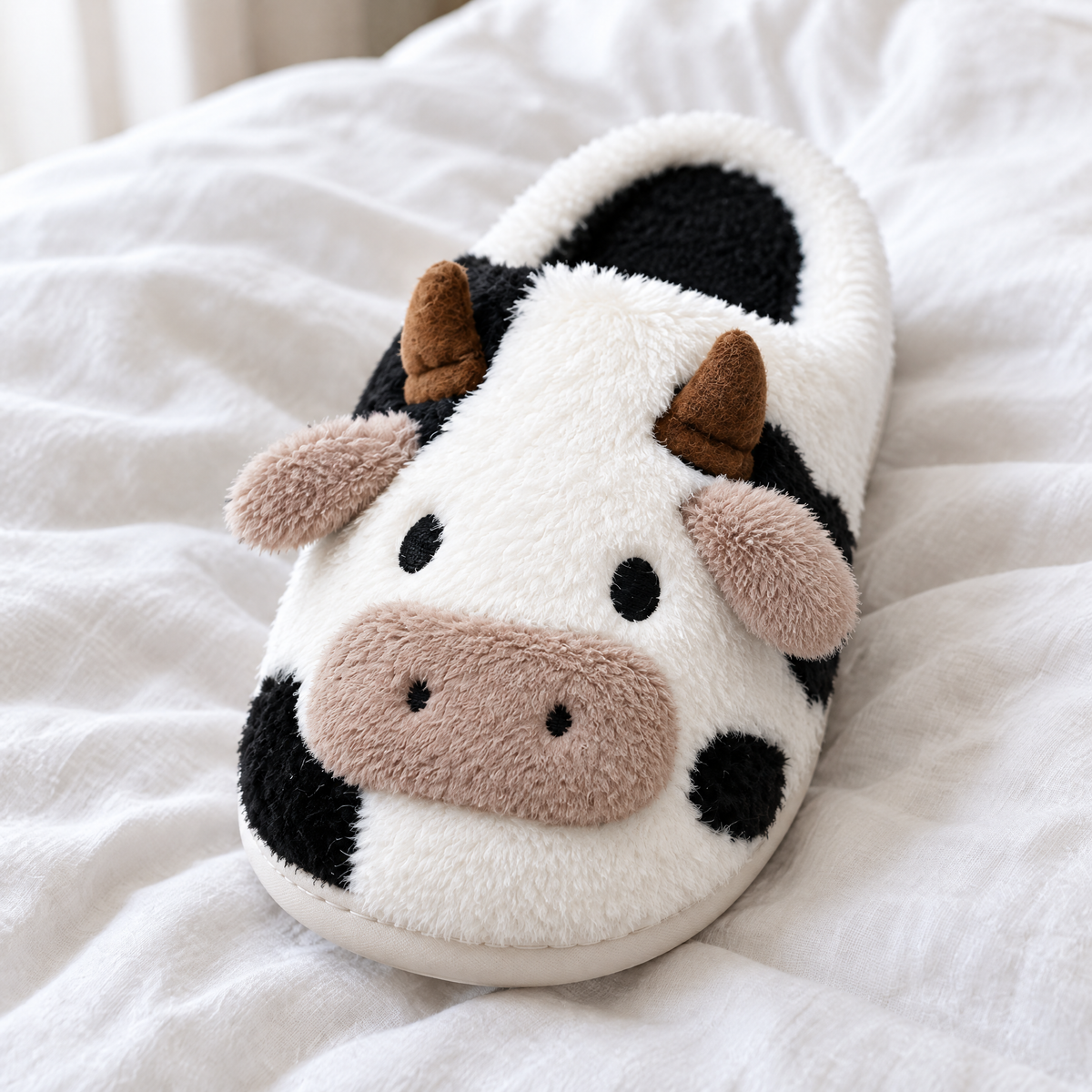 Close-up of a black and white cow face slipper on white linen bedding showing its horns, ears and muzzle