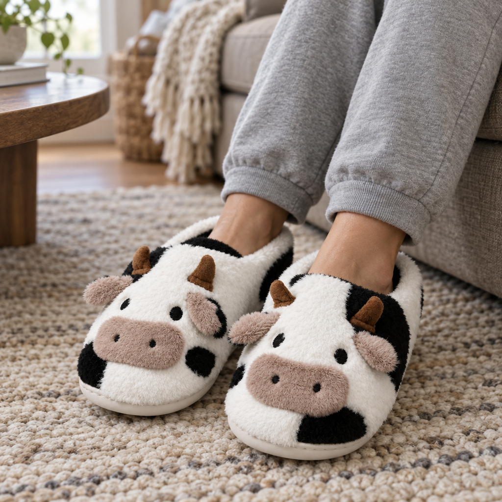 Adult feet wearing black and white cow face slippers on a living room rug