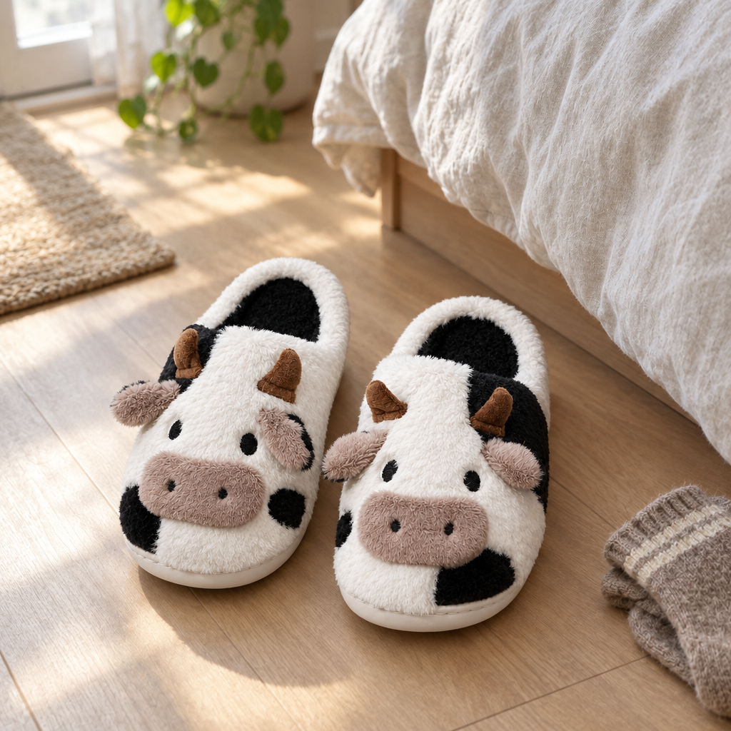 Pair of black and white cow face slippers on a bedroom floor next to the bed