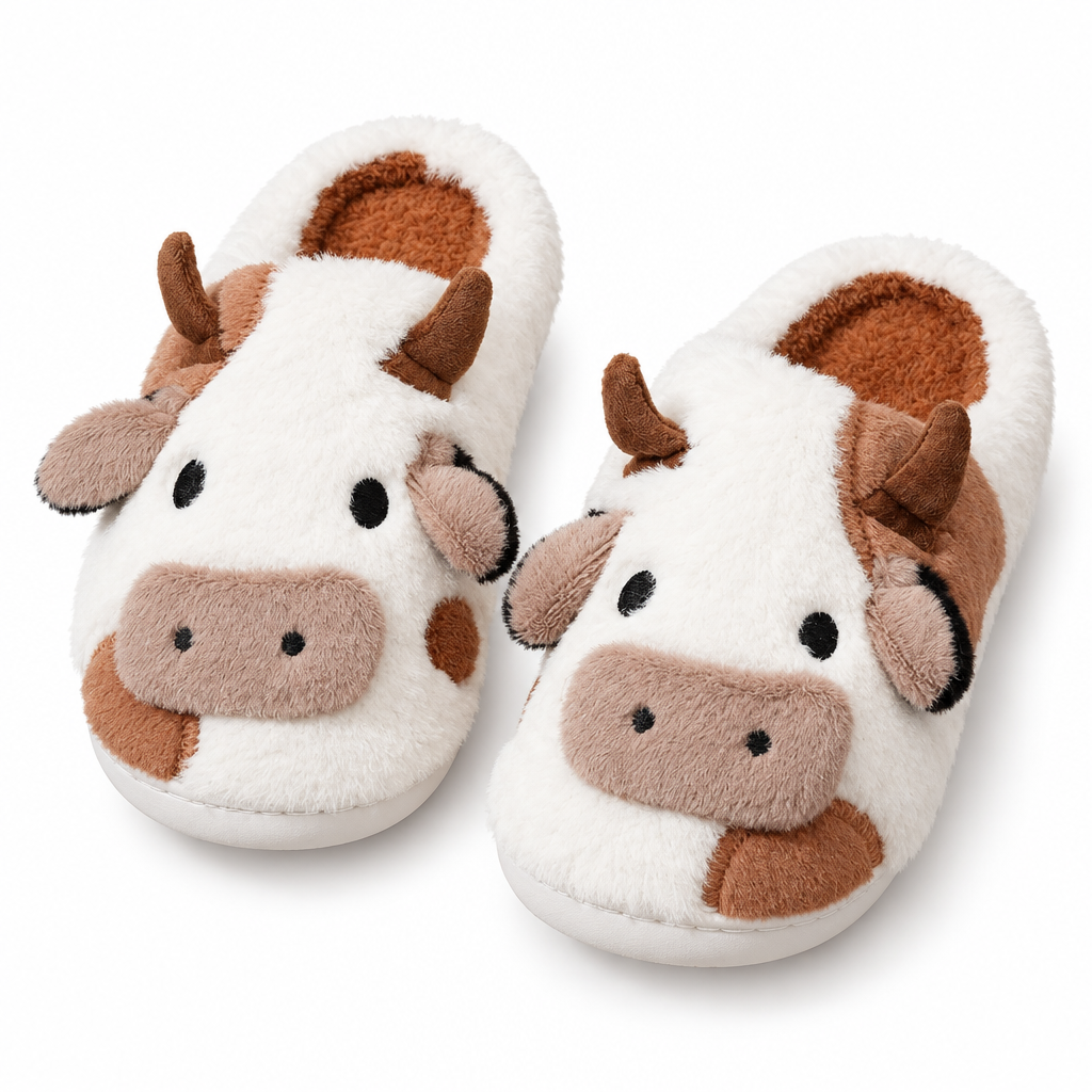 Brown and white cow face plush slippers on a white background