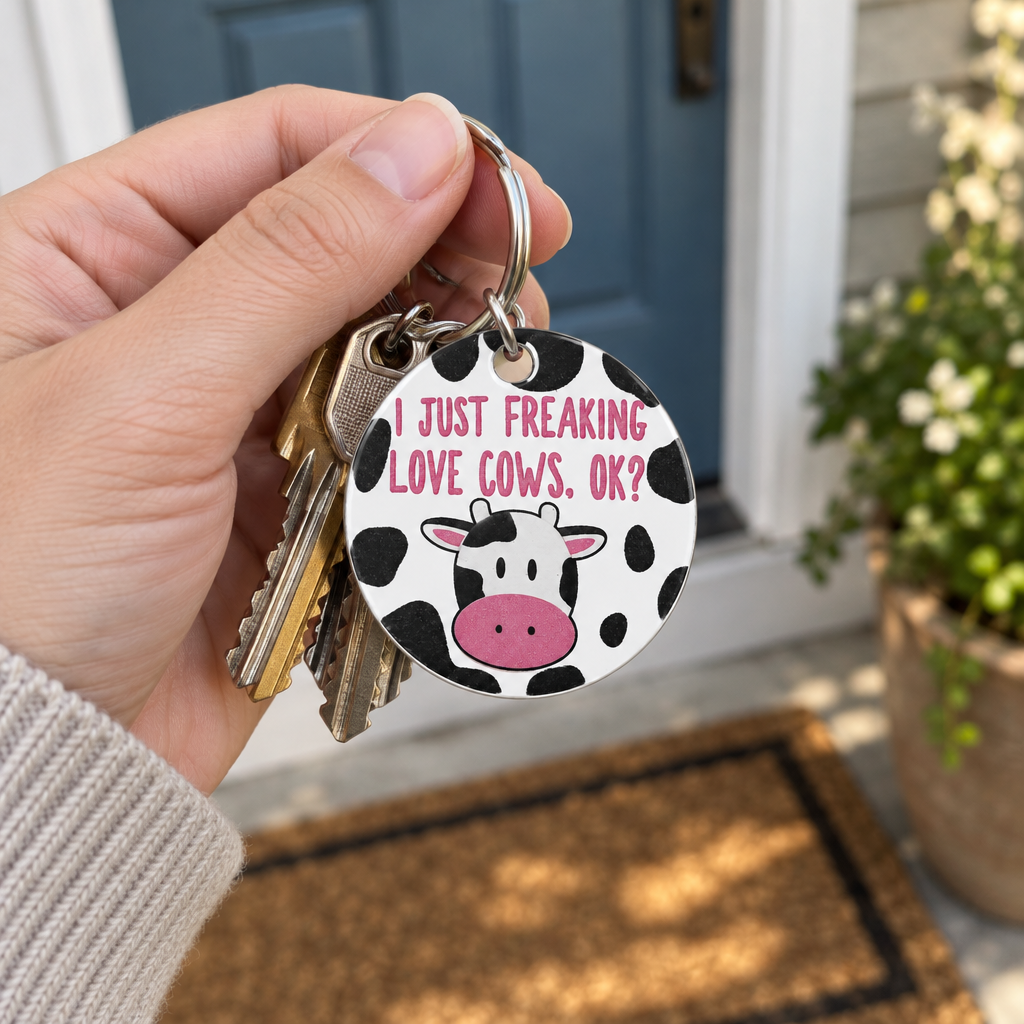 Cow-print keychain hanging from house keys in an adult hand by a front door