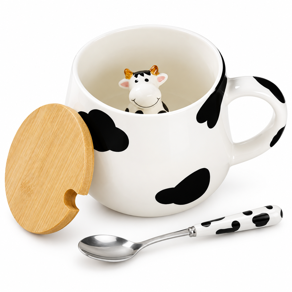 Cow mug set with lid and cow-print spoon on a white background