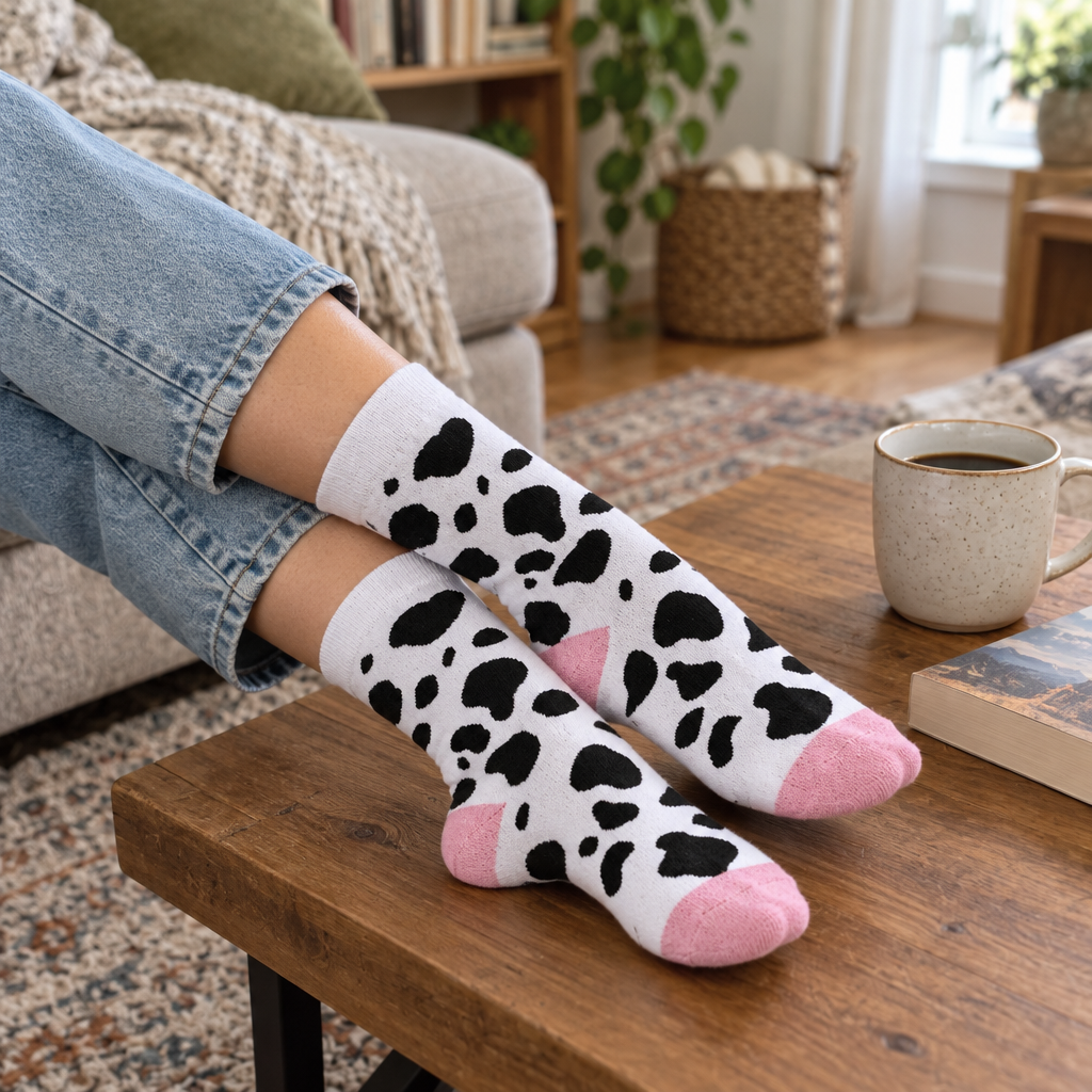 Adult legs in cow print crew socks resting on a coffee table