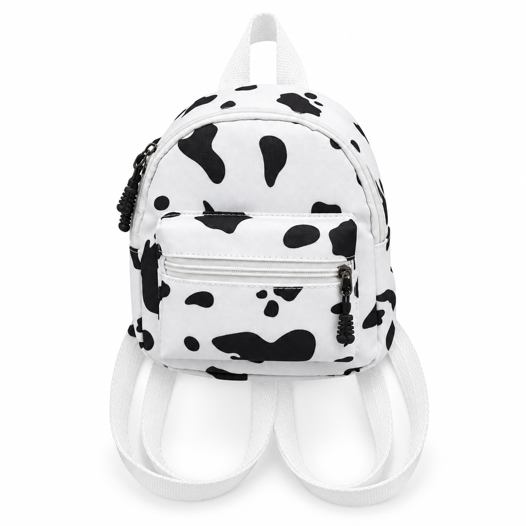 White mini backpack with black cow spots on a white background