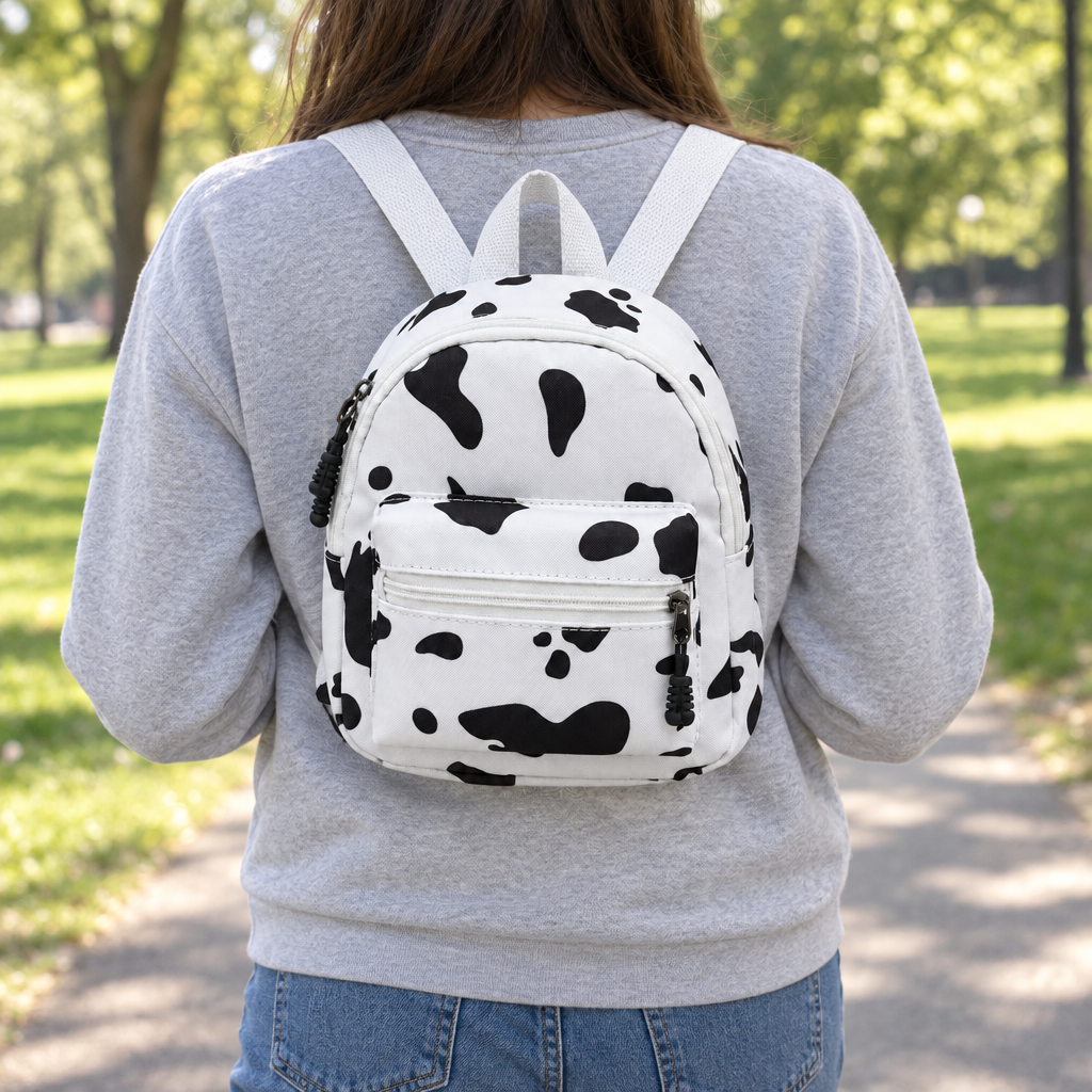 Adult wearing the white cow print mini backpack on a park path