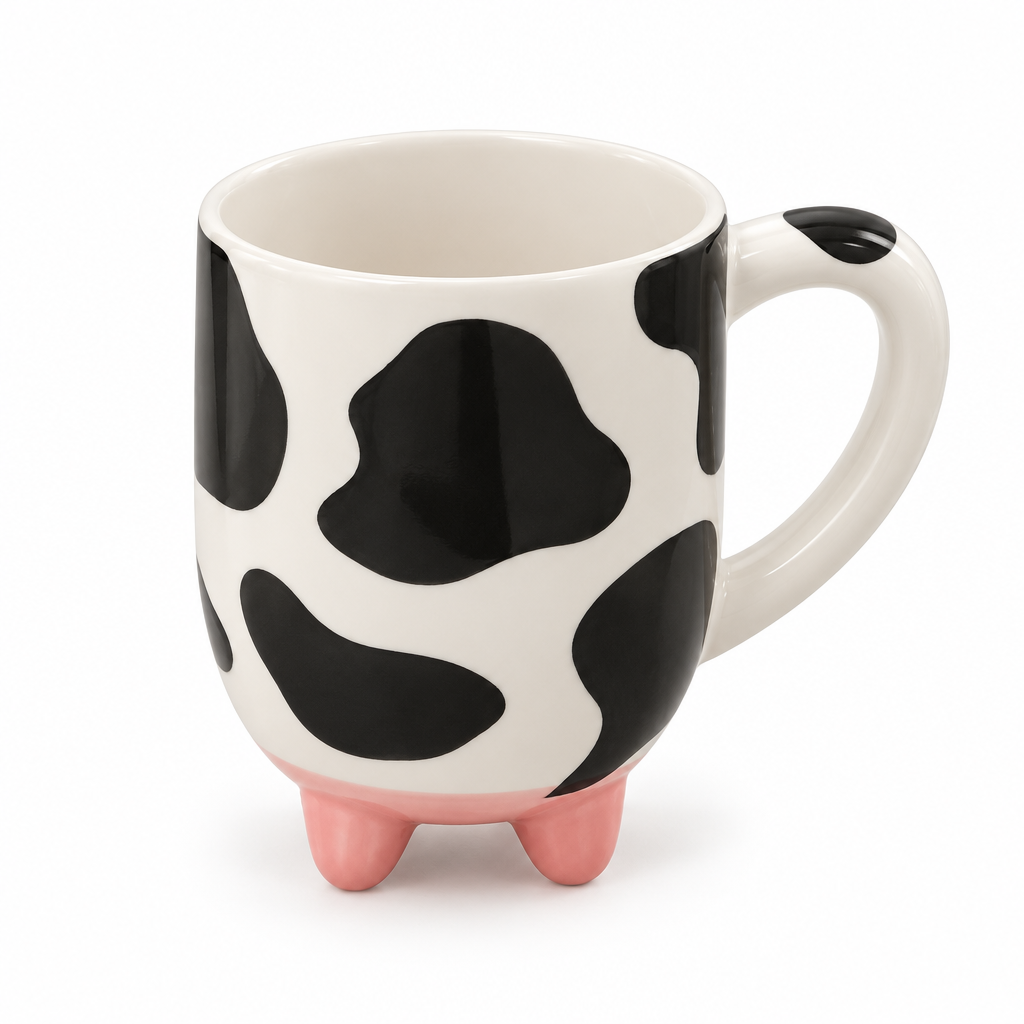 Cow print ceramic mug with pink feet on a white background