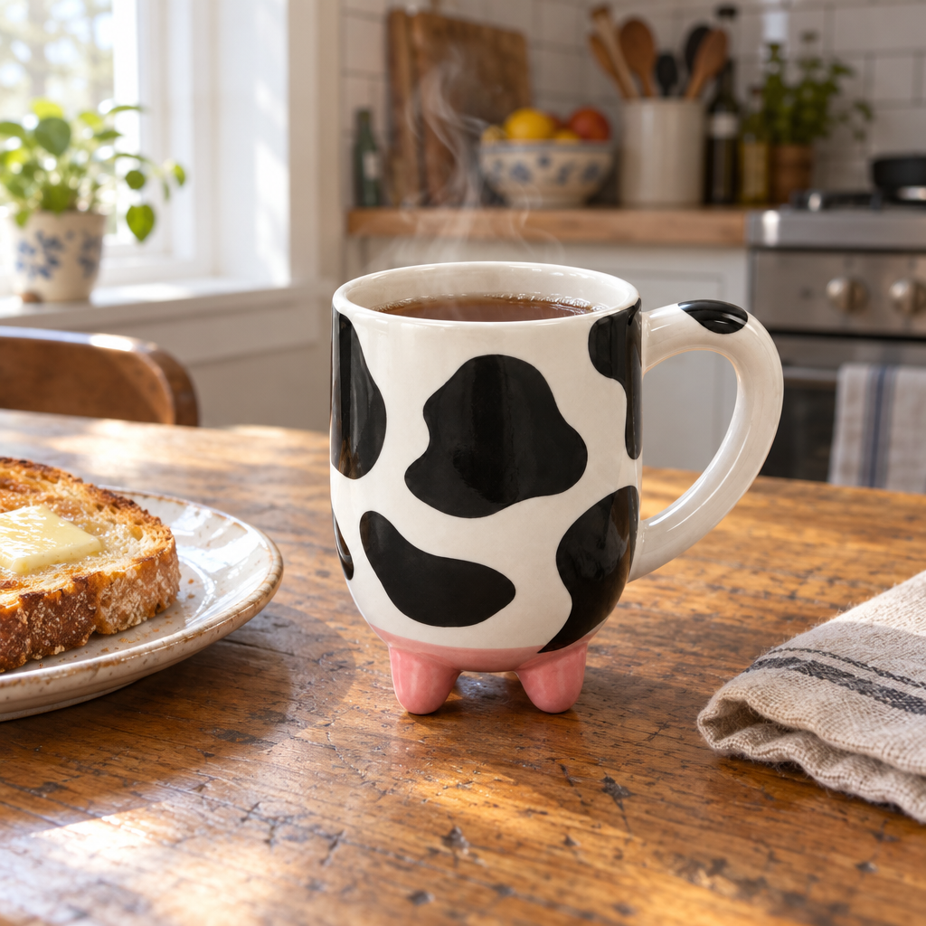 Cow print mug with pink feet filled with tea on a wooden table