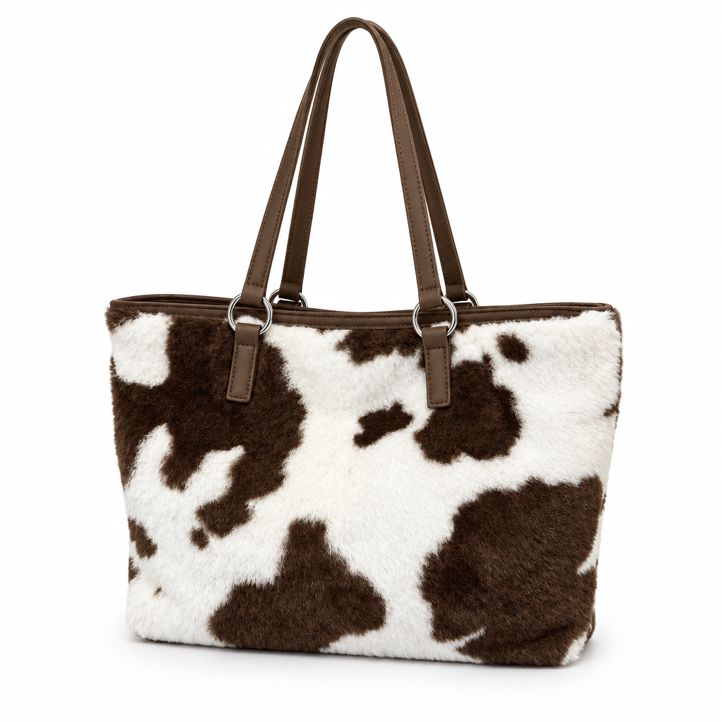 White plush tote bag with chocolate-brown cow spots and brown straps on a white background