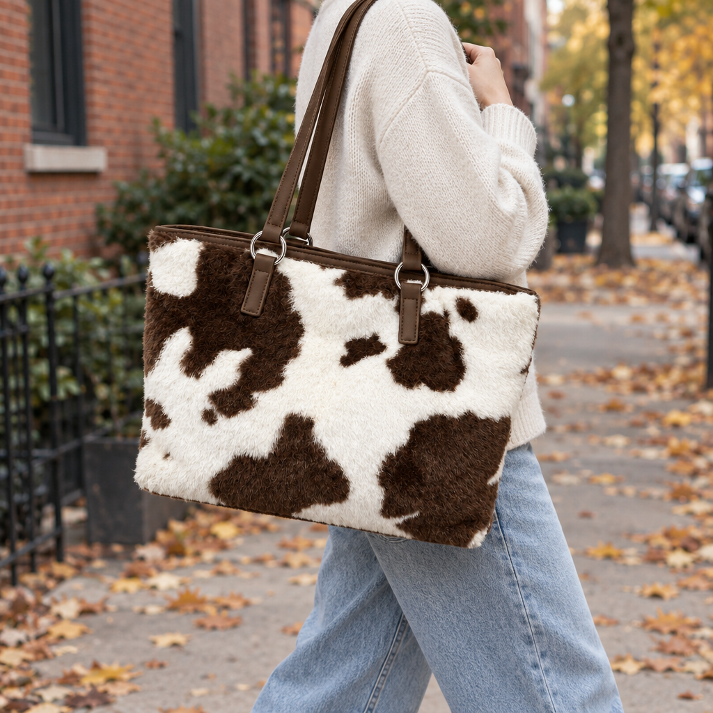 Adult carrying the brown cow print plush tote bag on one shoulder on a city sidewalk