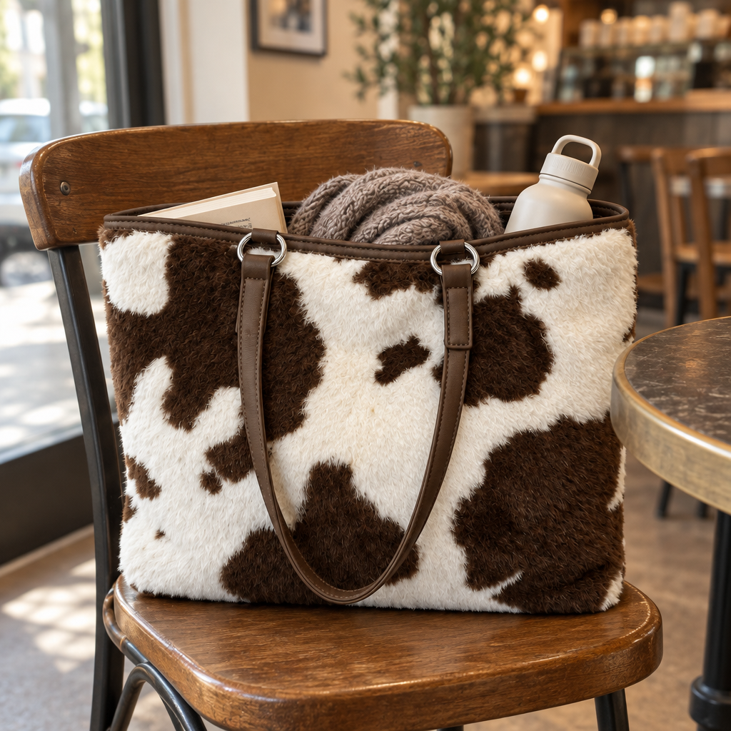 Brown cow print plush tote bag open on a café chair with a book and scarf inside