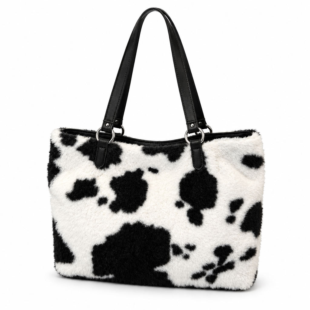 White plush tote bag with black cow spots and black straps on a white background