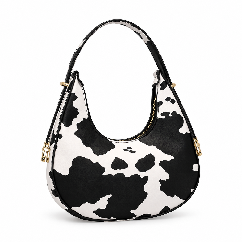 Black-and-white cow print half-moon shoulder bag on a white background