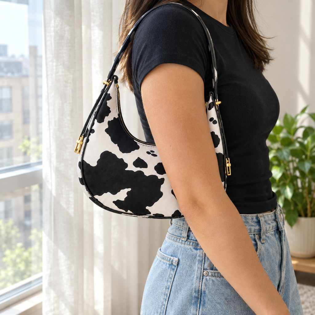 Adult wearing the cow print half-moon shoulder bag under one arm