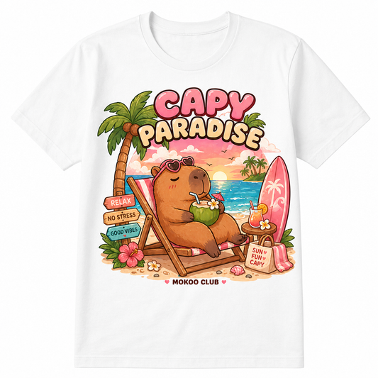 Happy Capy | Capy Paradise T-Shirt — capybara graphic tee by MOKOO