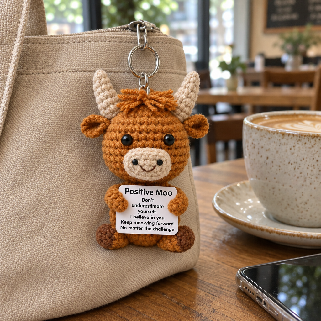 Crochet highland cow keychain with a "Positive Moo" card hanging from a canvas tote bag on a cafe table