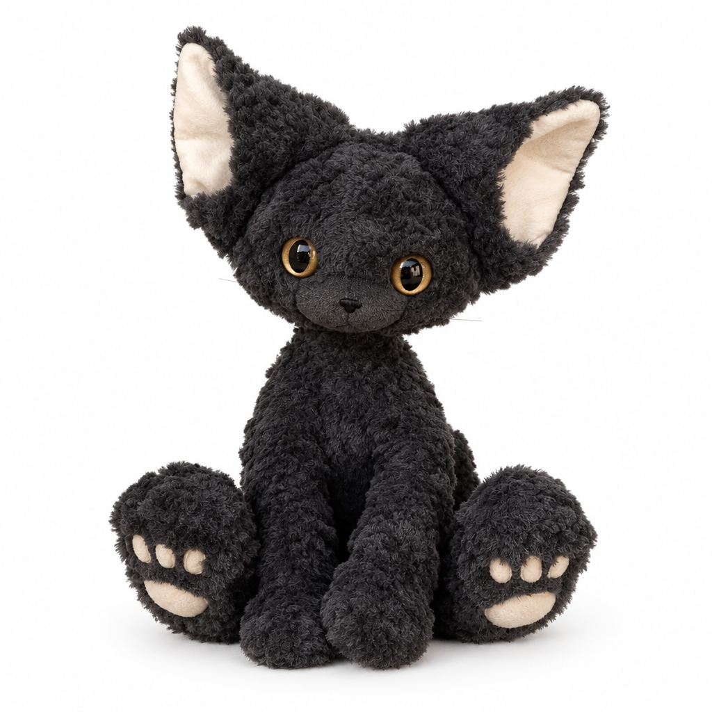 Curly black cat plush with big pointed ears sitting on a white background
