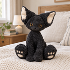 Curly black cat plush sitting on a made bed with a cream blanket