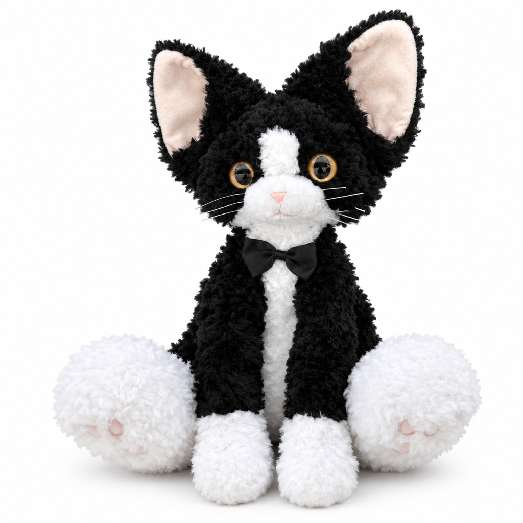 Curly black and white tuxedo cat plush with a bow tie on a white background