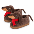 Dark brown dachshund plush slippers with a red scarf on a white background