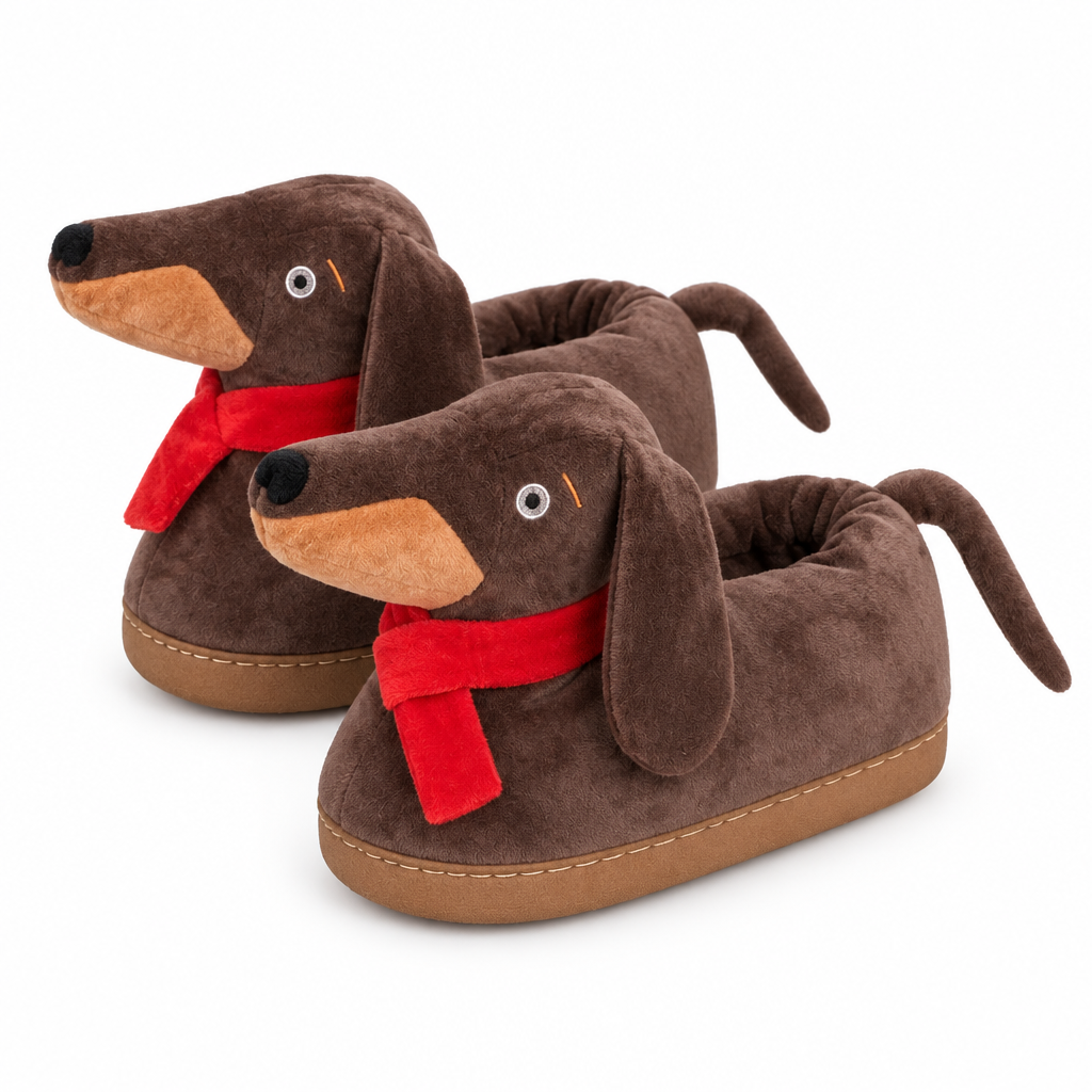 Dark brown dachshund plush slippers with a red scarf on a white background