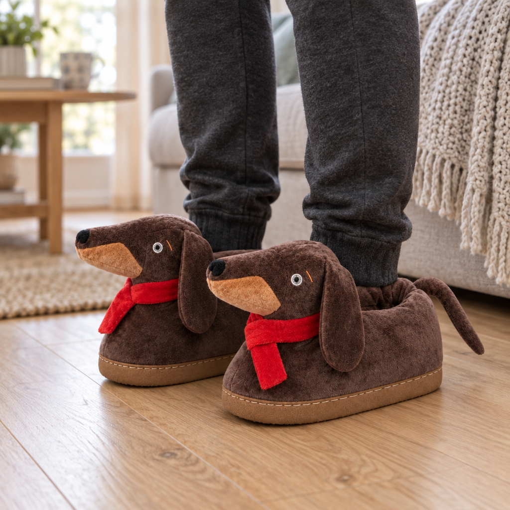 Adult feet in brown dachshund plush slippers on a living room floor