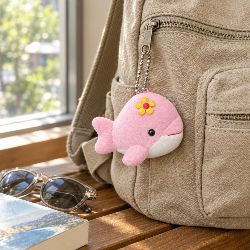 Pink plush dolphin keychain clipped to a canvas backpack zipper