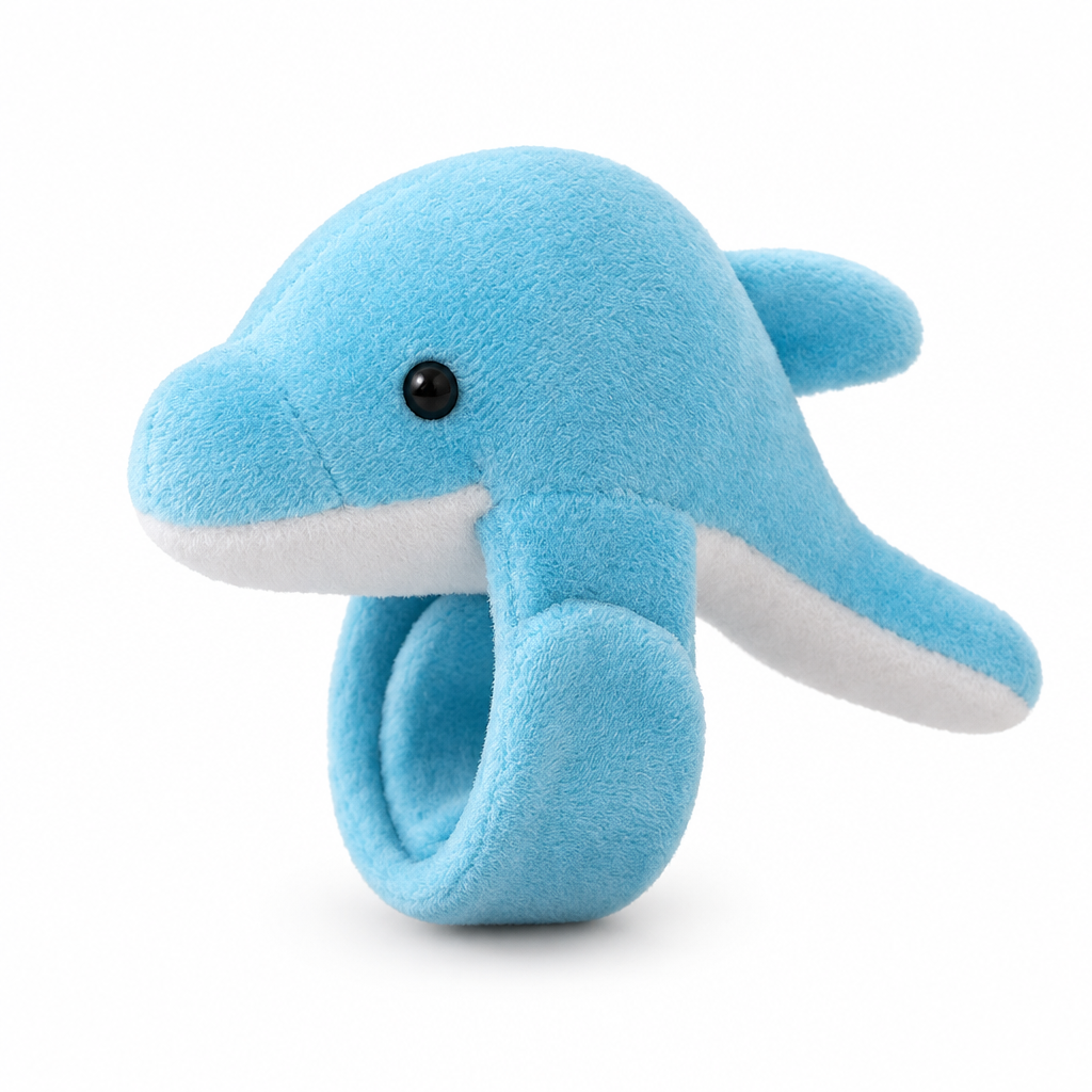 Sky blue plush dolphin slap bracelet on a white background