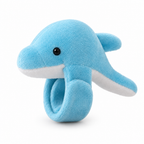 Sky blue plush dolphin slap bracelet on a white background