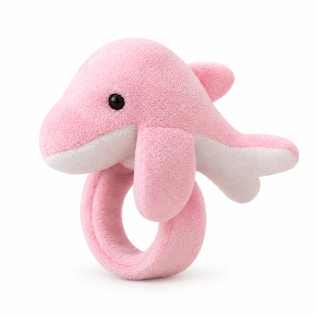 Baby pink plush dolphin slap bracelet on a white background