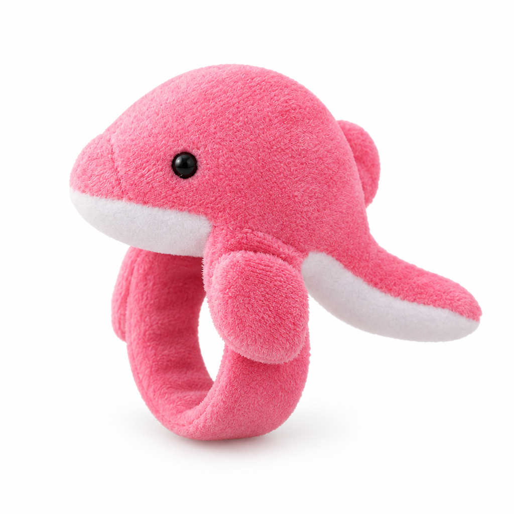 Rose pink plush dolphin slap bracelet on a white background