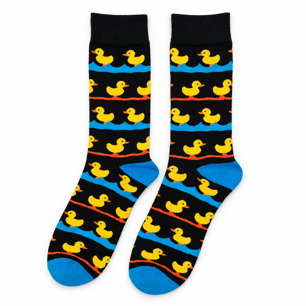 Black crew socks with yellow ducks on blue and red wavy lines on a white background