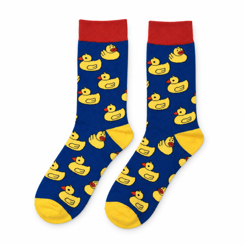 Royal blue crew socks with yellow rubber ducks and a red cuff on a white background