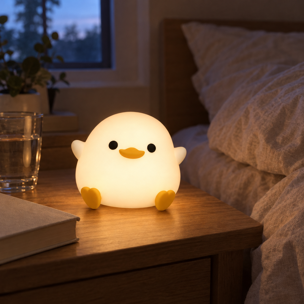 White duck night light glowing warmly on a nightstand in a dim bedroom