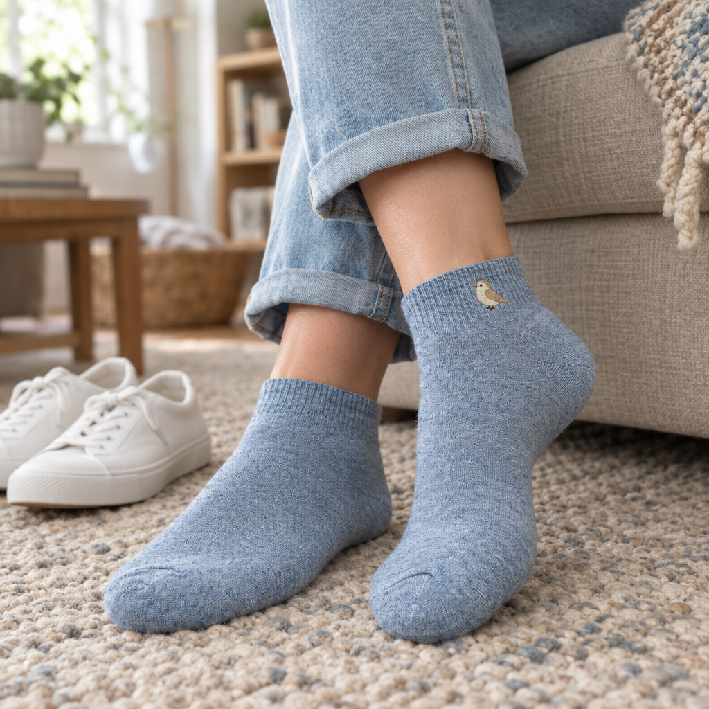 Adult feet in light blue embroidered bird ankle socks on a woven rug next to white sneakers