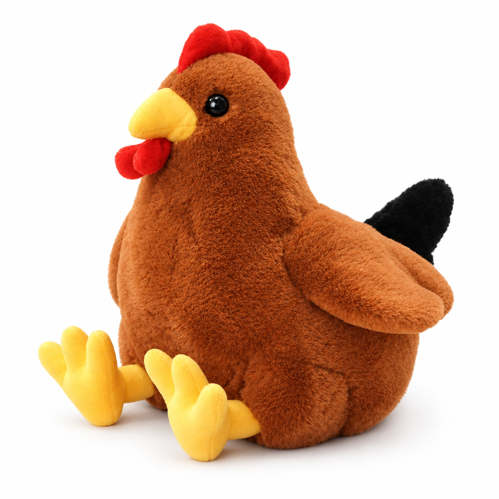 Brown chicken plush with black tail feathers on a white background