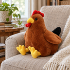 Brown chicken plush sitting on a linen armchair in a living room