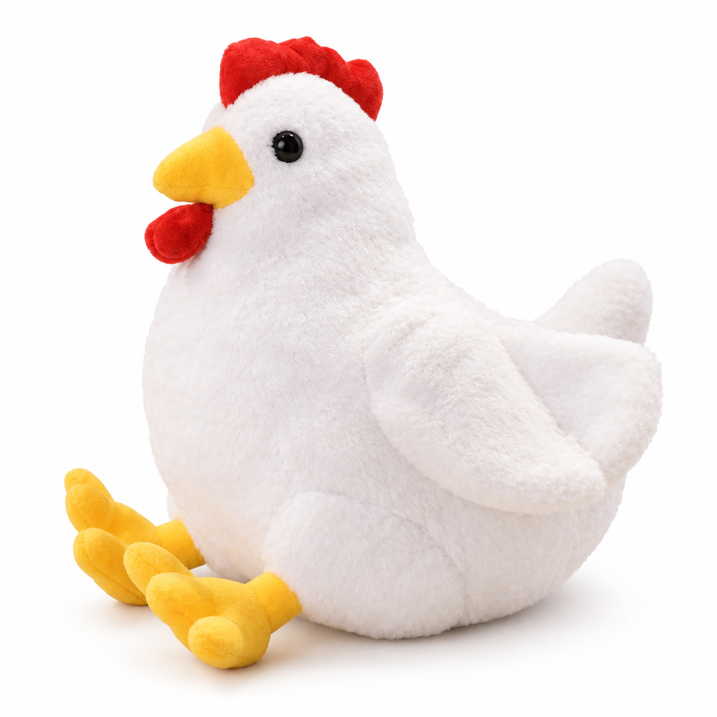 White chicken plush with a red comb on a white background