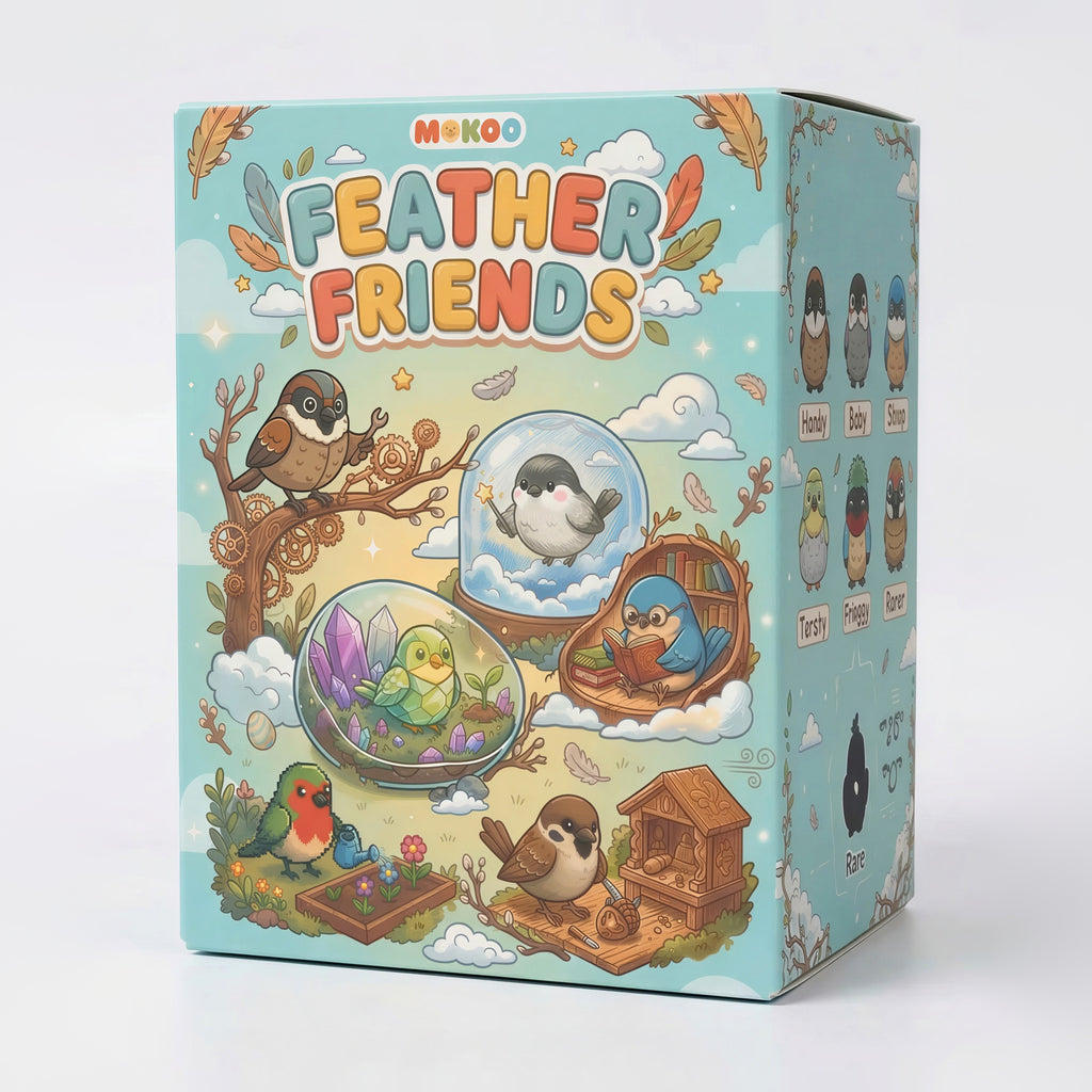 MOKOO Feather Friends blind box — the full box with the illustrated bird characters, on a light studio background