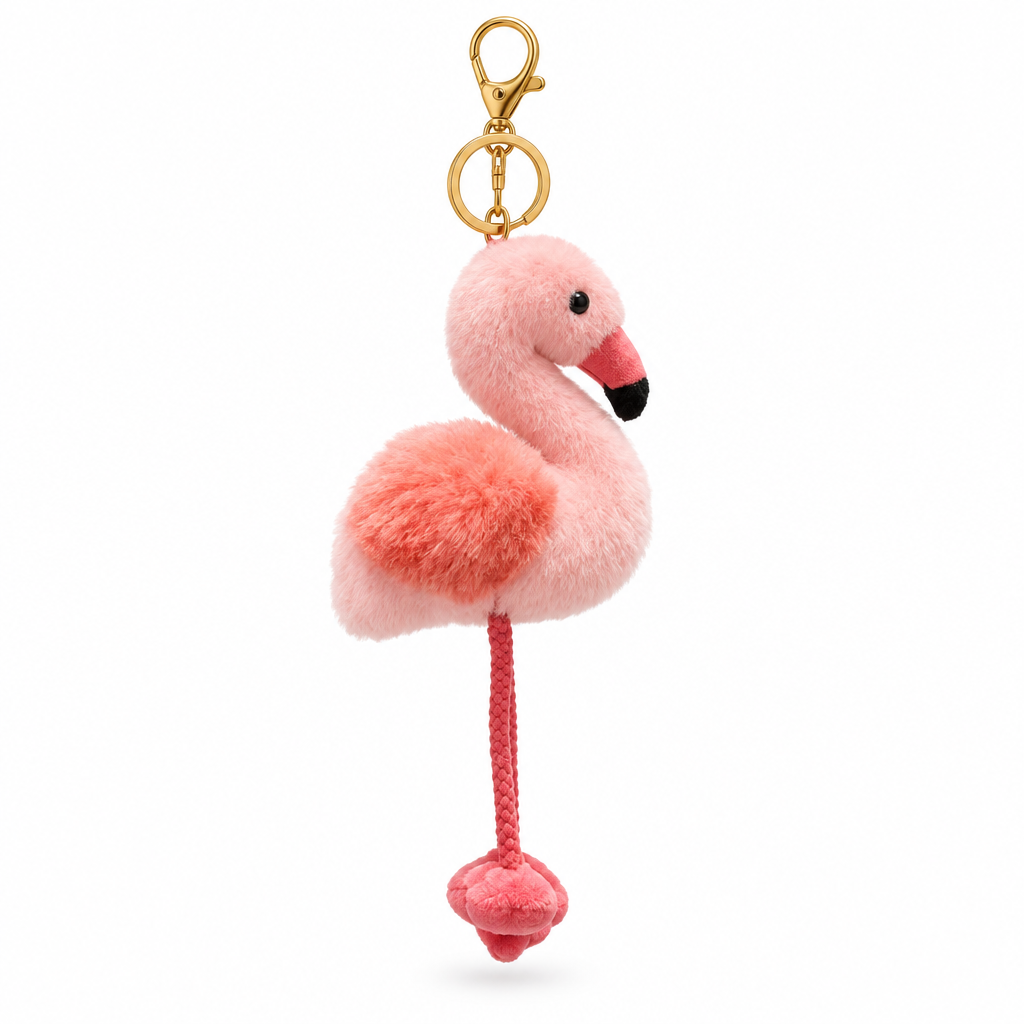 Pink plush flamingo keychain with a gold clasp on a white background