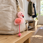 Pink flamingo plush keychain clipped to a canvas backpack zipper