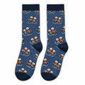 Denim blue socks with floating sea otter pairs on a white background
