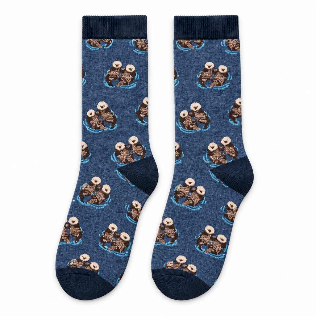 Denim blue socks with floating sea otter pairs on a white background