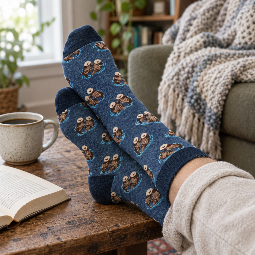 Adult feet in floating otter socks resting on a wooden coffee table